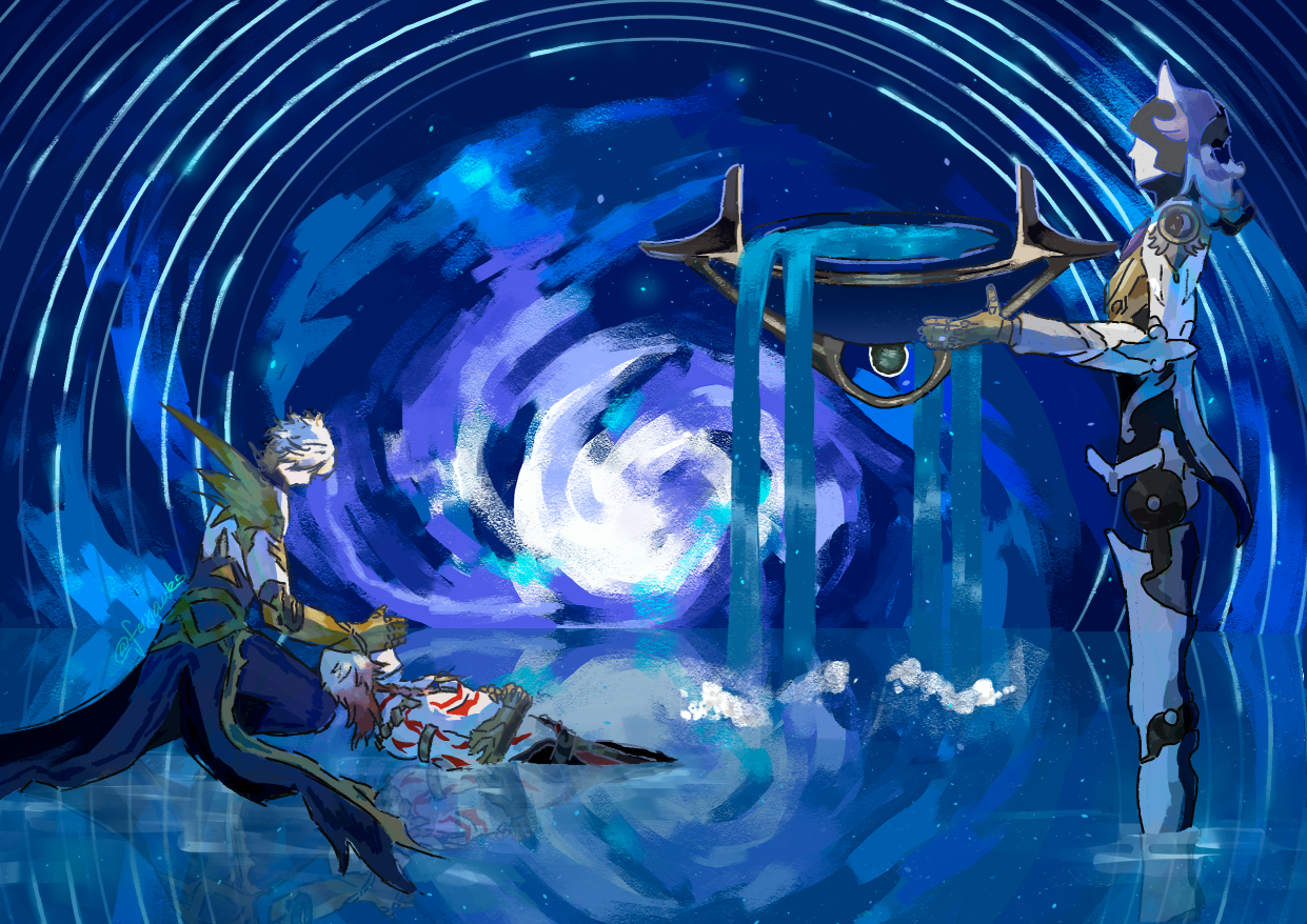 Illustration of video game Honkai:Star Rail characters Phainon closing Mydei's eyes in the vortex of genesis on the left side, and Lygus holding the basin as water flows down to the ground on the right side