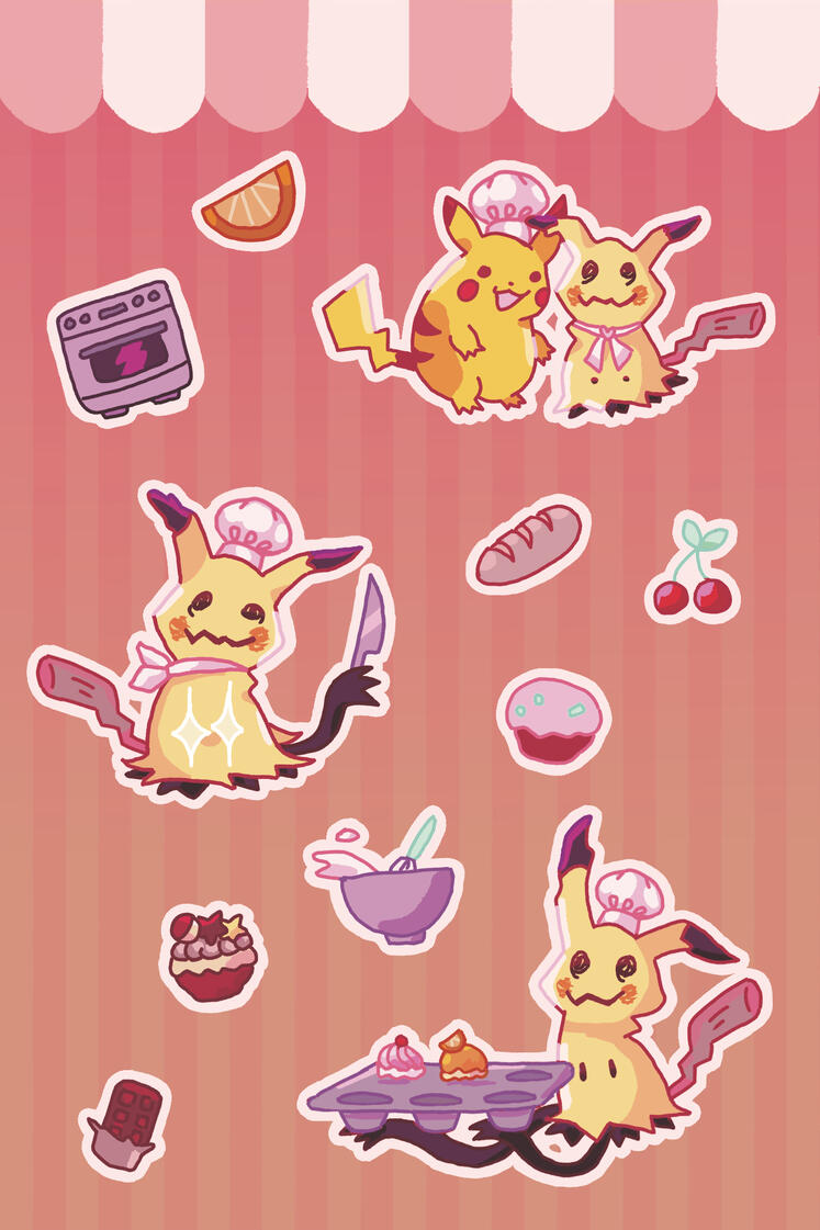 sticker sheet of video game pokemon mimikyu and pikachu in chef hats baking pokepuffs