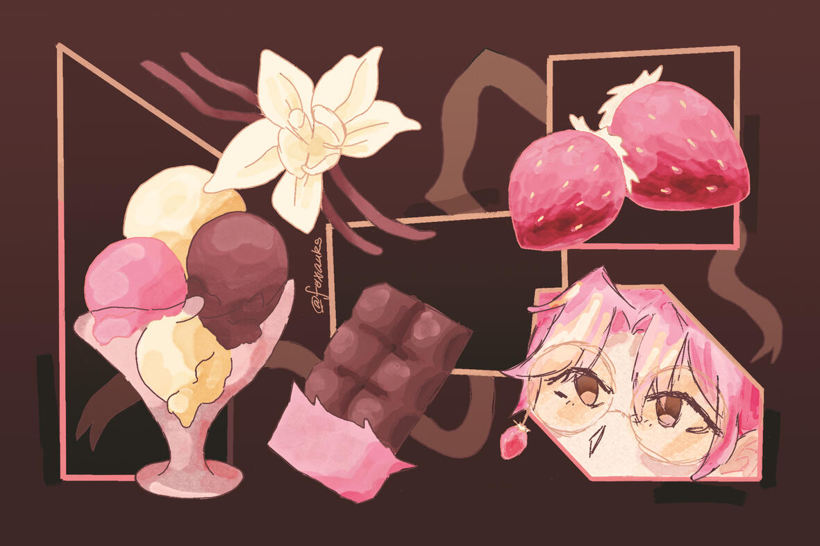 Illustration of original character with a neapolitan ice cream theme
