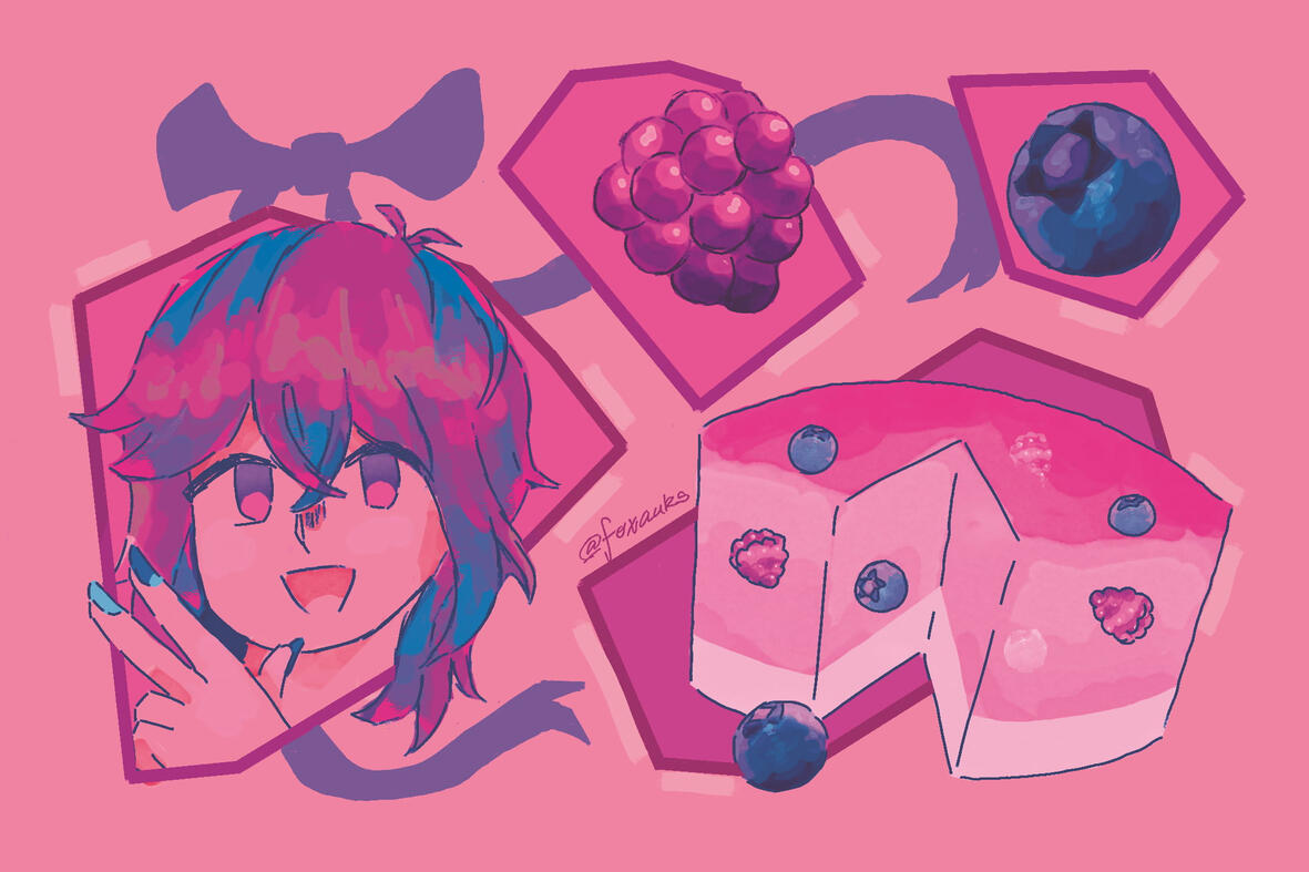 Illustration of original character with a raspberry blueberry jelly cake theme