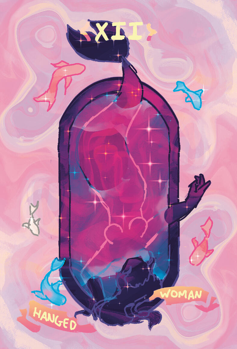 Illustration of Transfem women mermaid the hanged woman tarot card variation of the hanged man tarot