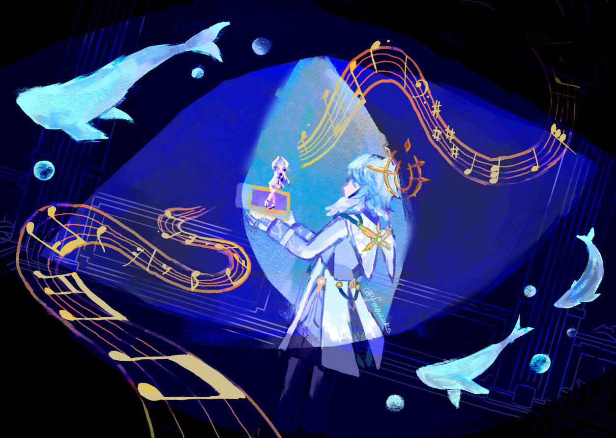 Illustration of video game Honkai:Star Rail characters Sunday holding music box of character Robin